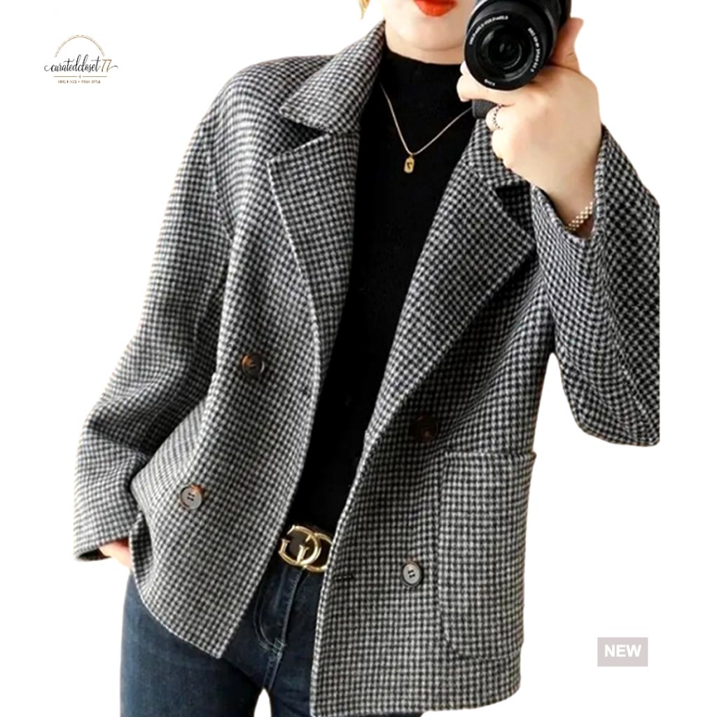 Cropped Wool Pea Coat Double Breasted Houndstooth Blazer Jacket Loose Fit